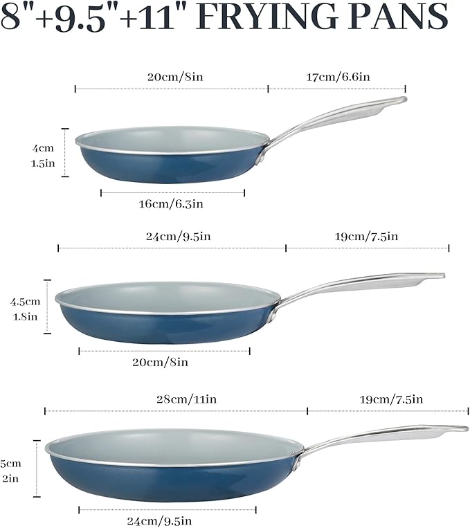 Ceramic Frying Pan Set with Stainless Steel Handle - Perfect Cookware Set for Steak & Non Stick Cooking - Ceramic Pans Set Non Stick Trendy Essential for Young Chefs(Blue)