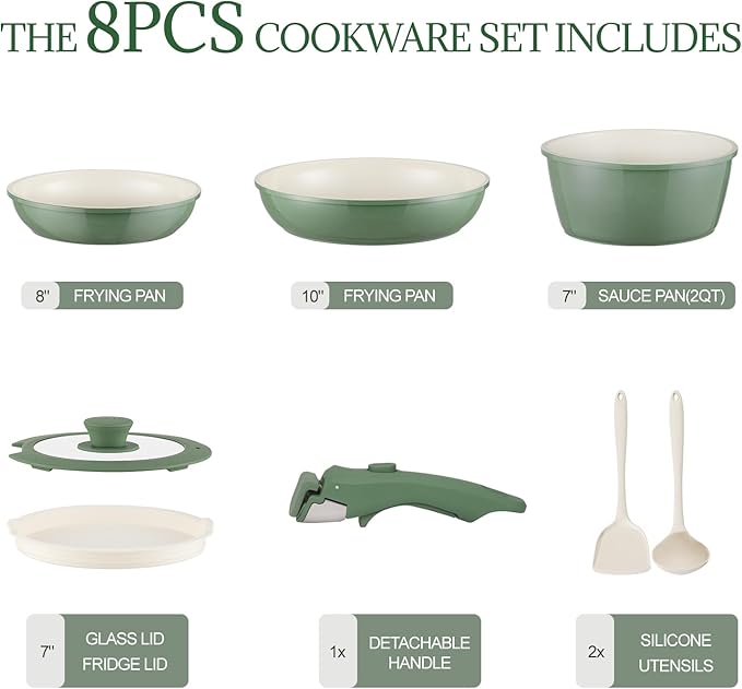 Ceramic Cookware Set Non Stick 8Pcs Pots and Pans Set Detachable Handle Induction Kitchen Cooking Set with Frying Pans Oven Dishwasher Safe, PFAS/PFOA Free, Forest Green