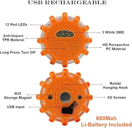 USB Rechargeable LED Road Flares Emergency Lights-Roadside Warning Car Safety Beacon Flashing Disc Flare Kit with Magnetic Base for Vehicles & Boat | 3 Beacon Disc Pack