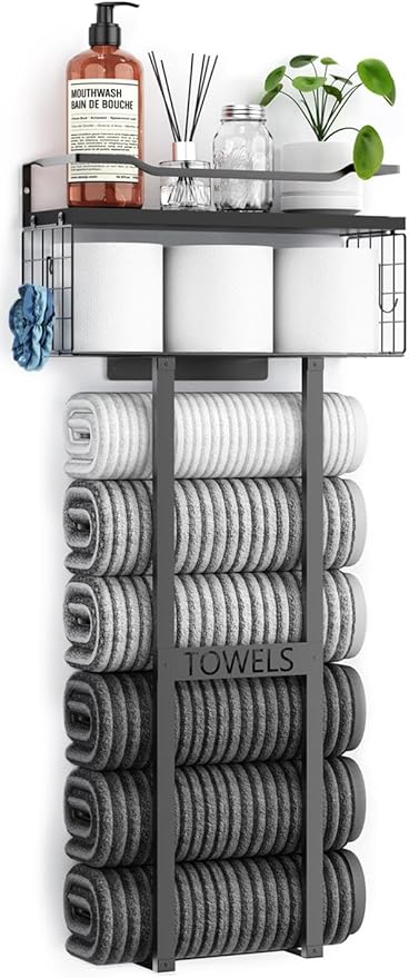 Towel Racks for Bathroom 31inch Wall Mounted Towel Rack,Floating Shelf with Wood Plank,Towel Storage for Bathroom can Holds 6 Large Rolled Towels,All Black