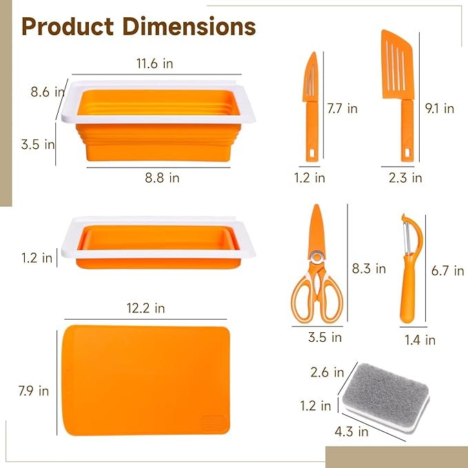 7PCS Collapsible Cutting Board Set, Foldable Camping Sink with Drain, Double-Sided Chopping Board, Kitchen Shears, Knives, Peeler, Sponge for Outdoor, BBQ, Picnic, and Home