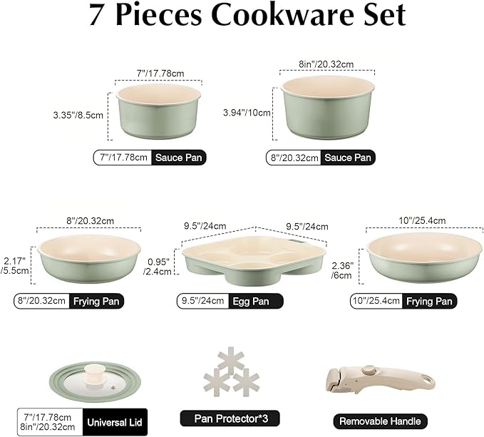 Ceramic Pots and Pans Set Non Stick Green, 7 Pcs Nonstick Cookware Set with Detachable Handle RV Camping Induction Kitchen Cookware Set Non Stick, PFAS PFOA & PTFE Free