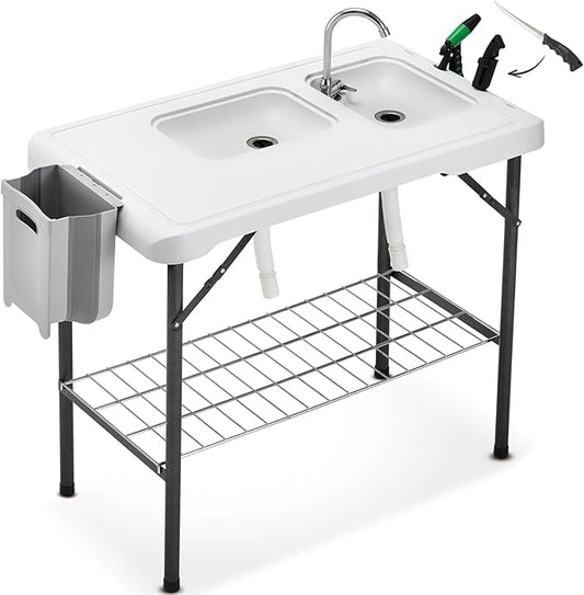 Folding Fish Cleaning Table Portable Camping Double Sinks Table w/2 Dual Water Basins, Faucet Drainage Hose & Sprayer Outdoor Fish Fillet Cleaning Station w/Knife, Storage Box,Black | Portable, Camping, 2 Dual Water Basins, Faucet, Drainage Hose, Sprayer