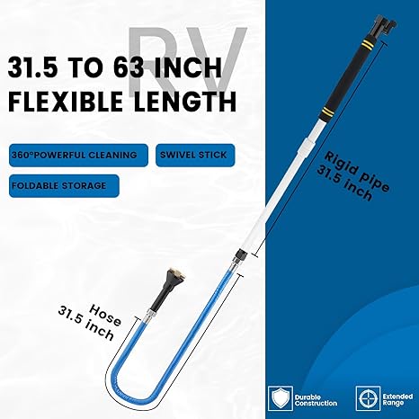 RV Black Tank Cleaner Wand,62inch RV Holding Tank Swivel Stik Rinser 304 Stainless Steel Hose with Flexible Rotary Cleaning Sprayer for Camper Toilet RV Black Water Tank and Garden