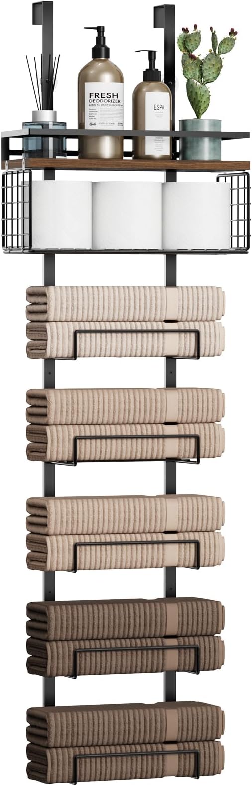 Towel Racks for Bathroom Over The Door Towel Racks Towel Storage Organizer with Metal Shelf Basket for Bathroom Rv Camper (7-Tier Black with Brown Plank)