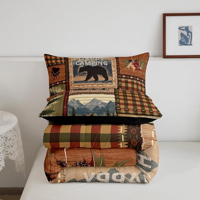 RV Camper Queen Comforter Set,Happy Camping Bedding Set for Teens Youth,Hunting Duck Bear Bedding Comforter Sets Rustic Plaid Woodland Adventure Duvet Insert with 2 Pillow Shams Bedroom Decor