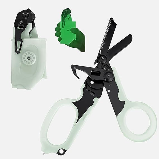 6 in 1 Multi-function Trauma Shears with Strap Cutter and Glass Breaker, with Luminous Holster, Stainless Steel Foldable Trauma Shears For Outdoor Camping Emergency Tool(Luminous Black)