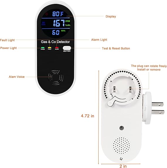 Natural Gas & Carbon Monoxide Detector, Plug in Carbon Monoxide Alarm,Natural Gas Detector,Propane,Methane,4-in-1 Combustible Gas & CO Detector with Fahrenheit(°F) & Humidity for Home,RV,Apartment