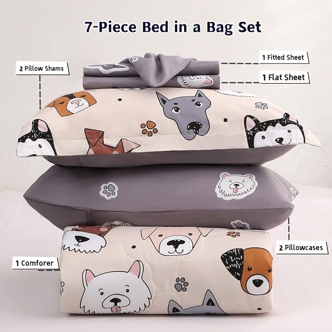 7 Piece Kids Dog Bedding Comforter Set for Boys Girls Full Size Bed in a Bag Cute Cartoon Animal Soft　Microfiber Bed Set with Comforter Sheets Pillowcase Sham Gray and Cream White