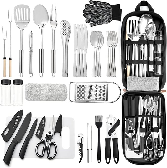 Portable Camping Kitchen Utensil 34 Pcs Set- Cookware Kit, Stainless Steel Outdoor Cooking and Grilling Utensil Organizer Travel Set Perfect for Travel, Picnics, RVs, Camping, BBQs, Parties