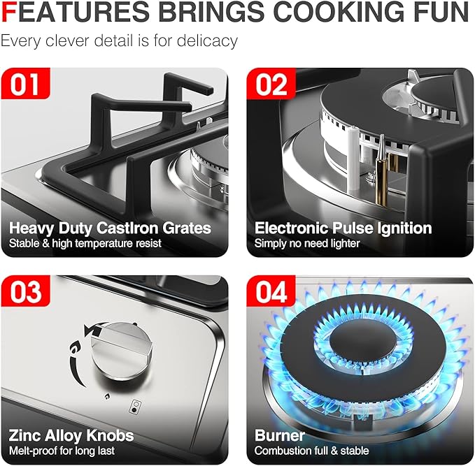 12 Inch 2-Burner Gas Stove: Portable Stainless Steel Propane Cooktop for RV, Apartments & Outdoor – Dual Fuel LPG/NG, Easy to Clean Built-in Gas Cooktop