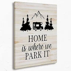 Home Is Where We Park It Canvas Wall Art Prints,Funny Camping Quote Wood Texture Paintings Prints,11x14 inches Artwork for Camper Live Themed Decor RV Bathroom Bedroom Living Room Home