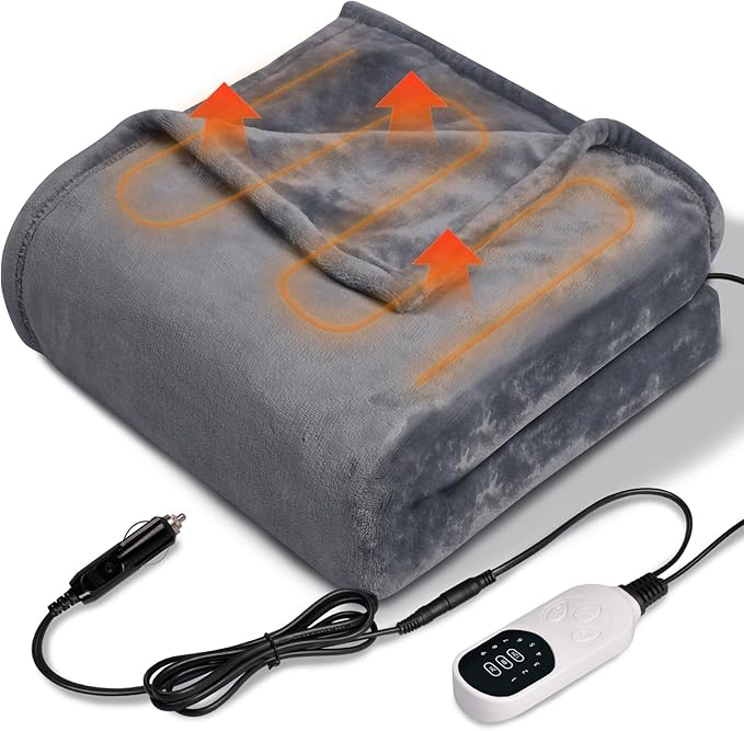 12V Heated Car Blanket Flannel Gentle Soft with 3 Time 9 Heating Settings Portable Electric Automobile Heating Throw Warm Gifts for Winter SUV RV Camping Essentials 59”x39”
