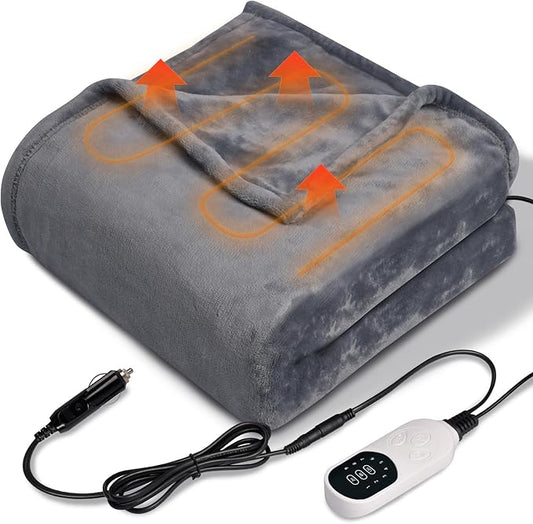 12V Heated Car Blanket Flannel Gentle Soft with 3 Time 9 Heating Settings Portable Electric Automobile Heating Throw Warm Gifts for Winter SUV RV Camping Essentials 59”x39”
