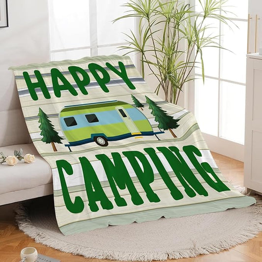 Happy Camping Throw Blanket Camper Camp Print Blankets RV Gifts for Stuff Decor Soft Cozy Fleece Plush Lightweight Flannel Bedding for Lover Men Women Boys Girls Family 40"x50"