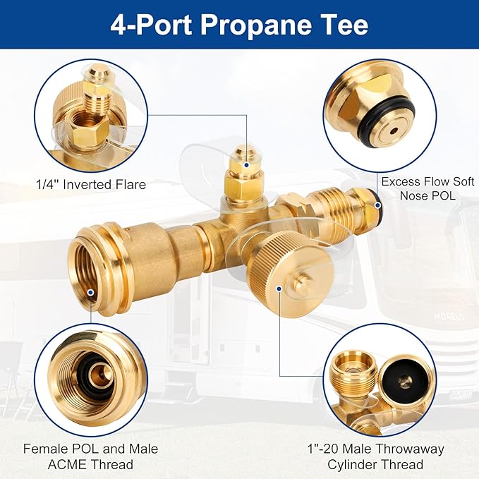 Propane Brass Tee 4 Port Adapter Kit with 5FT and 12FT Stainless Braided Hoses,Extend a Stay Rv Propane Kit for Tank RV Camping Connecting Auxiliary Propane Bottles and Appliances