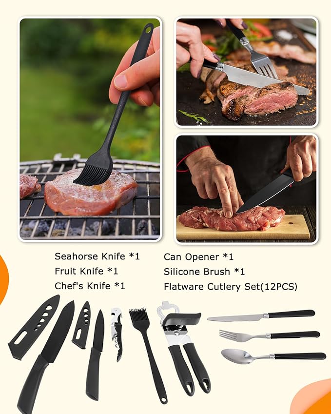 Camping Cooking Set - Camping Utensil Set Car Camping Cooking Essentials Gear for Camp Kitchen Cooking and Grilling, Stainless Steel & Silicone Ideal Gift for RV Tent Camper, Picnics, BBQs
