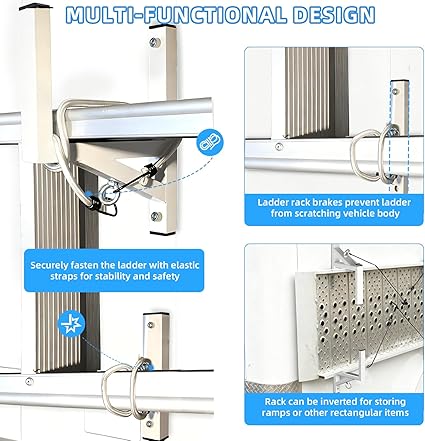 Cargo Trailer Ladder Rack-400lb Load-Carry 2-4 Ladders-Adjustable Aluminum Side Mount RV Ladder Rack-Rubber Pads/Bungee Cords/Hooks for Open/Enclosed Trailer/Garage/Shed Exterior/Interior Wall