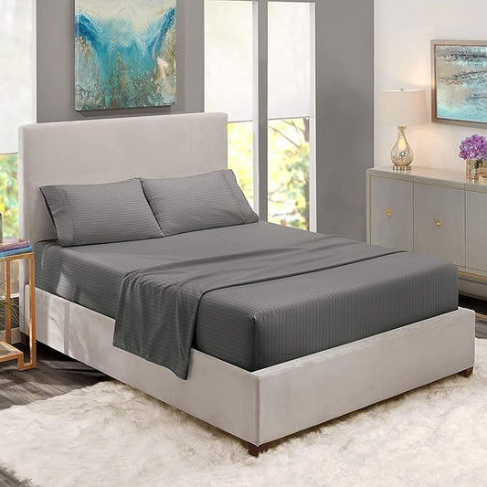 100% Cotton RV Short King - 70” x 80” Sheets - 400 Thread Count Sateen Luxury Bedding, Extra Soft & Cooling Sheet Set (Dark Grey Stripe)- Deep Pocket Sheets for RV Short King - 70” x 80” Size Bed