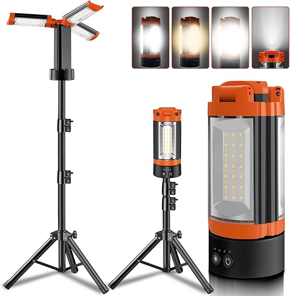 Rechargeable 12000mAh Camping Light with Adjustable Stand, Cordless Work Light with 3 LED Lamp Heads, 2200 Lumens Dimmable Magnetic Emergency Flashlight with Detachable Tripod, Orange