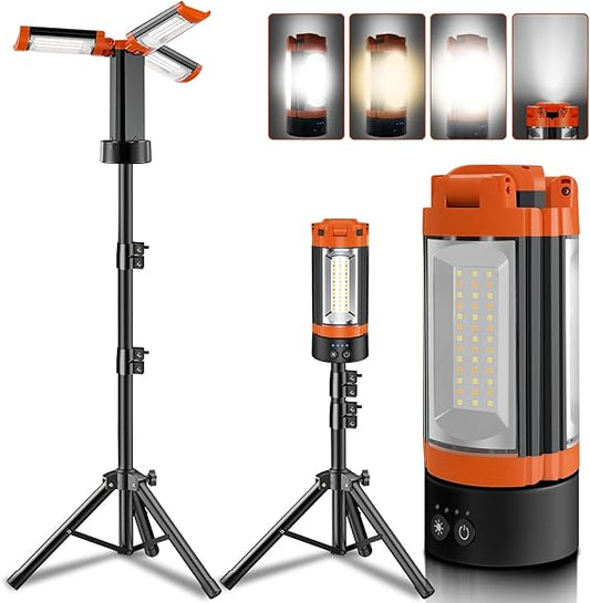 Rechargeable 12000mAh Camping Light with Adjustable Stand, Cordless Work Light with 3 LED Lamp Heads, 2200 Lumens Dimmable Magnetic Emergency Flashlight with Detachable Tripod, Orange