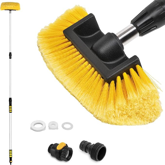 Rv Wash Brush, 1 Pcs Car Wash Brush with 5-11 Ft(60"-132") Extendable Handle,On/Off Button to Control Water Flow Soft Bristle for Cleaning Car, Boat, Truck, RV, House Siding, Solar Panels, Ect