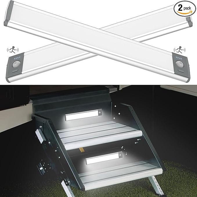 RV Lights Exterior Motion Sensor RV Step Light,3000mAh LED Rv Light Camping Wireless Rechargeable Lighting,Camper Lights Adjustable 3 Colours,Battery Level Display for Travel,Motorhome,Tent(10inch)