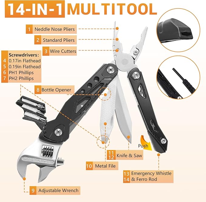 Multitool, 14-in-1 Adjustable Wrench with Screwdrivers, Knife, Saw, Pliers, Ferro Rod, Whistle, Survival Kits for Outdoor Adventures, Camping, Hiking, Fishing, DIY & Repairs