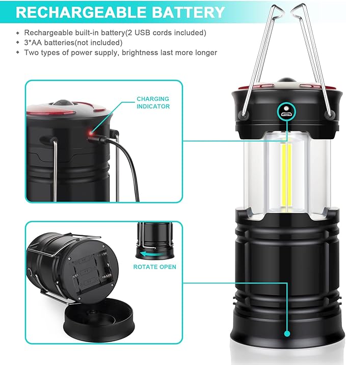 2 Pack Camping Lanterns Camping Accessories USB Rechargeable and Battery Powered 2-in-1 LED Lanterns, Hurricane Lights with Flashlight and Magnet Base for Camping, Hiking, Emergency, Outage
