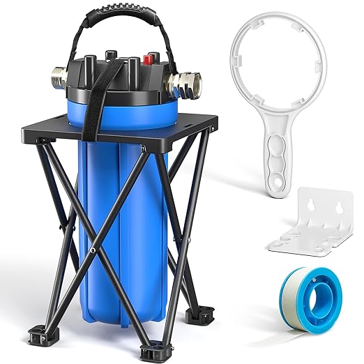 4-Layer RV Water Filter with Stand and 7,000 Gallons Capacity, 3/4" GHT Metal Threads Inline Water Filter, Removes Sediments, Chlorine, PFAS, PFOS, VOCs, Heavy Metals, Bad Taste, Odor, and More