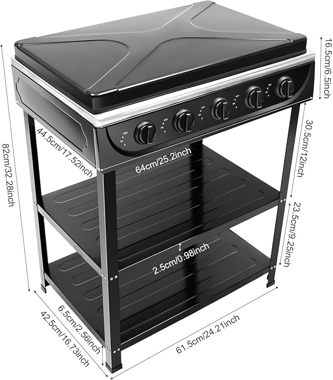 5 Burner Propane Gas Stove Outdoor Kitchen Grill Outdoor Cooking Stove with Support Leg Stand and Wind Blocking Cover Propane Burners for Outdoor Cooking, RV Travel, Apartment (Black)