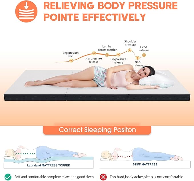 4 inch Memory Foam Tri Folding Mattress/Portable Foldable Mattress Topper with Washable Cover Non-Slip Bottom for Camping, Guest, Floor RV, CertiPUR-US Certified, Full