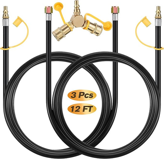 2 Pack 12FT RV Propane Quick Connect Hose Kit with 1/4'' Y Splitter Adapter, Compatible with Gas Grill, Heater, Stove, Dual Appliance Use for Camping, Trailer, Outdoor Cooking