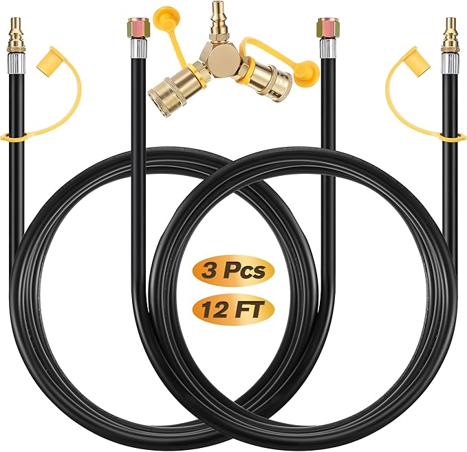 2 Pack 12FT RV Propane Quick Connect Hose Kit with 1/4'' Y Splitter Adapter, Compatible with Gas Grill, Heater, Stove, Dual Appliance Use for Camping, Trailer, Outdoor Cooking