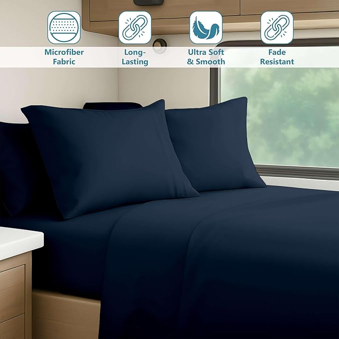 4 Piece RV Three Quarter Sheet Set (48x80) - Navy Blue, Deep Pocket Fitted Sheet for 15 Inch Mattress, Soft Microfiber, Easy to Wash, Ideal for Bunks in Campers, Vans, Trailers, Motorhomes