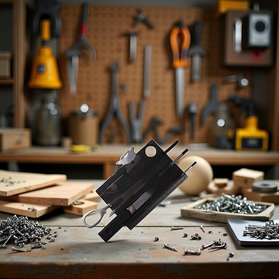 Black 12-in-1 Pocket Multi Tool - Credit Card Size Survival Gear for EDC | Outdoor Compact Multitool Kit with Keychain,Hand Tools and Accessories