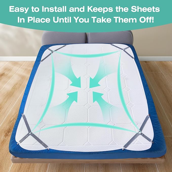 Bed Sheet Straps, Easy to Install Sheet Straps, Fitted Sheet Clips, Adjustable Sheet Fasteners, Say Goodbye to The Messy Sheets (Gray-4 Pcs)