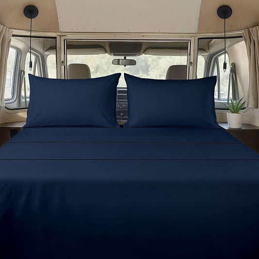 4 Piece RV Three Quarter Sheet Set (48x80) - Navy Blue, Deep Pocket Fitted Sheet for 15 Inch Mattress, Soft Microfiber, Easy to Wash, Ideal for Bunks in Campers, Vans, Trailers, Motorhomes