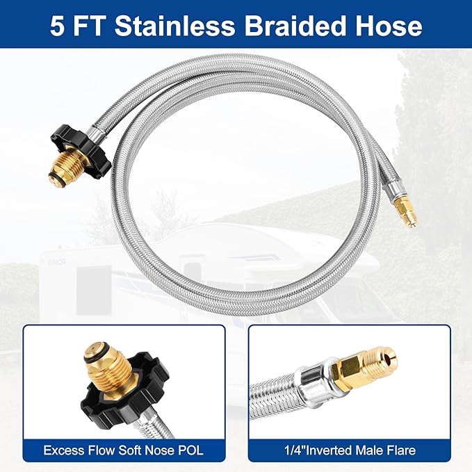 Propane Brass Tee 4 Port Adapter Kit with 5FT and 12FT Stainless Braided Hoses,Extend a Stay Rv Propane Kit for Tank RV Camping Connecting Auxiliary Propane Bottles and Appliances