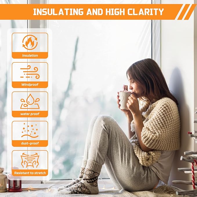 Heavy Duty Window Insulation Kit (180μm Thick) 63 in x 20 ft Cuttable Plastic Window Cover Reusable with Strong Adhesive Tape for Winterizing Waterproof Thermal Insulation Film