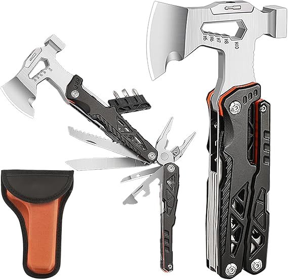 17-in-1 Multifunctional Outdoor Tool Axe with Hammer, Plier, wrenches, utility knife, saw, bottle opener, Multi-bit screwdrivers, Great Gift for Men Dad Camping Survival Kit (Black)