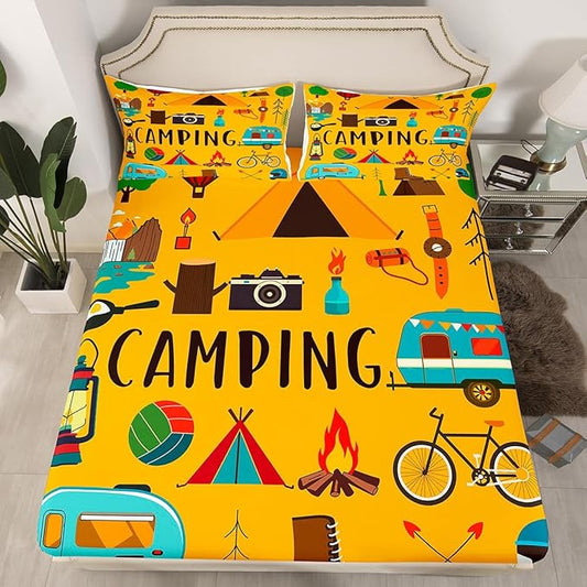 Twin Bed Sheets for Rv Camper Happy Camping Fitted Sheet for Kids Teens, Cartoon Camping Accessories Bedding Set Camper Decor Outdoor Adventure Sheets for Travel Trailers, No Flat Sheet