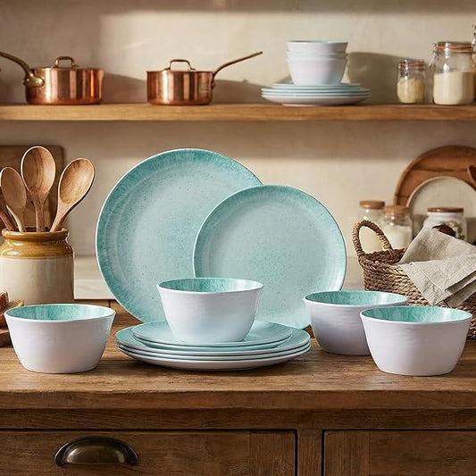 Melamine Dinnerware Set – 4 Dinner Plates, 4 Salad Plates, 4 Cereal Bowls – Shatterproof, Lightweight & Stylish for Everyday Dining, Outdoor, Camping, and RV Use