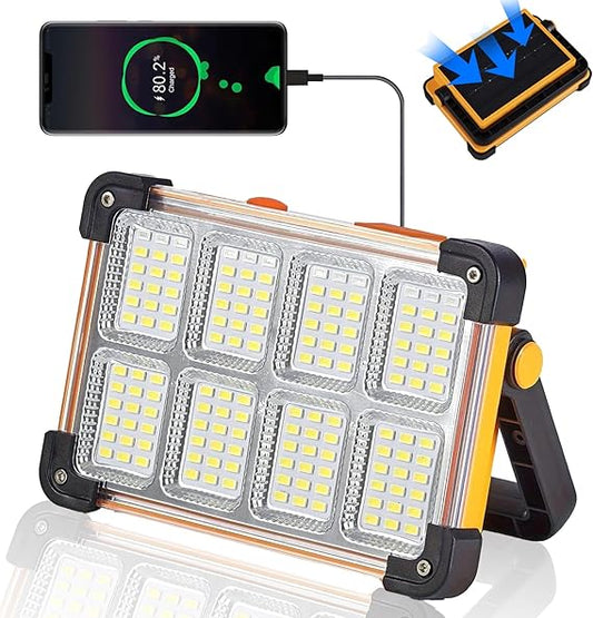 120W Solar Rechargeable Work Light, 144 LED 10000LM Portable Flood Light with Stand, IP66 Waterproof 4 Modes LED Job Site Lighting Flashlights for Mechanic Camping Fishing Car Repair