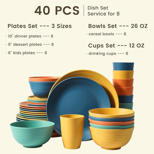 40-Piece Premium Wheat Straw Dinnerware Sets, Service for 8, Unbreakable Plates and Bowls Set - Cups Sets, Dinner Plates, Bowls for Kitchen,Dishwasher and Microwave Safe Dishes Set - Multi