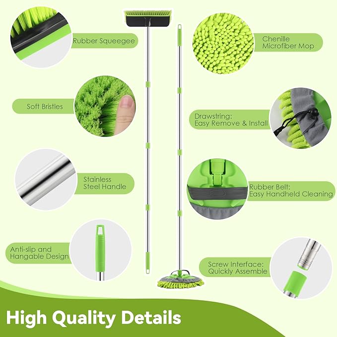 2 Pack Car Wash Brush with Long Handle, 62" Microfiber Car Wash Mop and Car Washing Brush Combo Set, Scratch-Free Soft Bristle Car Wash Mop Brushes Cleaning Kit for Exterior Car, Truck, RV, Boat