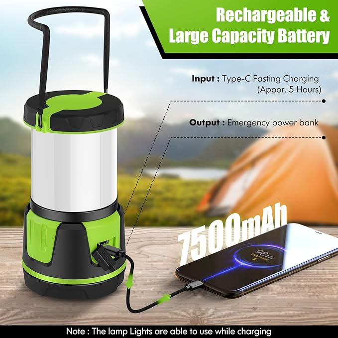 Rechargeable LED Lantern - 3000 Lumens, 5 Light Modes, IP54 Waterproof, 7500mAh Battery, Portable Flashlight for Camping, Hiking, Power Outages & Emergencie (Green)