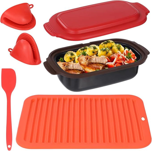 Microwave Grill Pan, Silicone Baking Pan for Microwave, Multi-Use Microwave Cookware Set with Anti-Scalding Mat, Spatula, and Clips, 9.3 x 4.7 x 3.1 in, Red