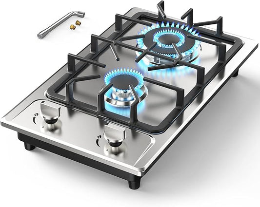12 Inch 2-Burner Gas Stove: Portable Stainless Steel Propane Cooktop for RV, Apartments & Outdoor – Dual Fuel LPG/NG, Easy to Clean Built-in Gas Cooktop