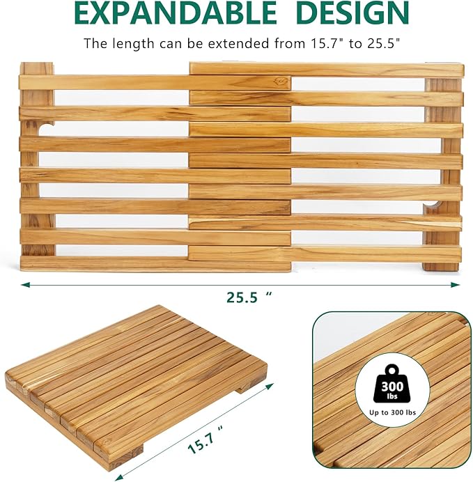 Teak Shower Mat – Adjustable Length Wooden Bathroom Mat, Non-Slip Bath Mat, Sauna Mat for Spa, Sauna Room, Pool, Indoor Outdoor Flooring